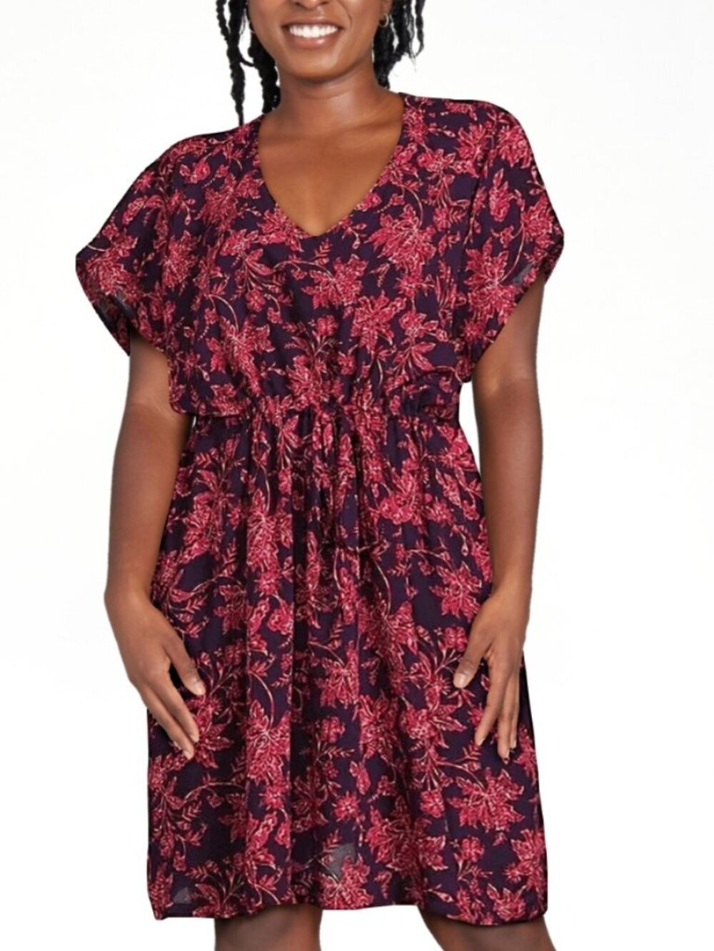Lands' End Black Tunic Dress Pink-Red Floral Print Sz M